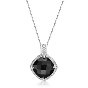 925 Sterling Silver Checkered Black Onyx Pendant With Created White Sapphire