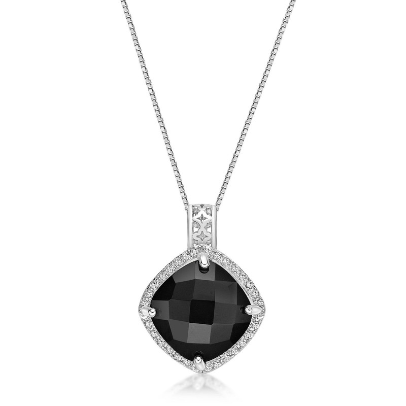 925 Sterling Silver Checkered Black Onyx Pendant With Created White Sapphire