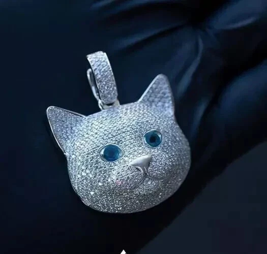 2.00Ct Lab Created Diamond Cluster Cat Face Men's Pendant 14K White Gold Plated - Image 3 of 3