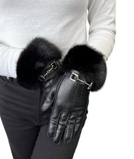 GUCCI Vintage Horsebit Fur Trim Lambskin Leather Gloves 6.5 Black Silver