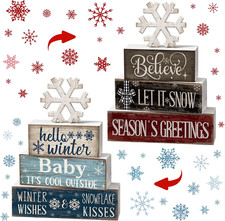 4 Pcs Winter Decorations for Home Reversible Christmas Winter Table Sign Wooden