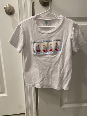Shrimp Grits Kids White Newport Sailboat Smocked T-Shirt Size