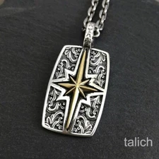 925 Sterling Silver Dog Tag Enhancer Pendant Ornate Scroll with Shiny Brass Star