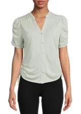 No Boundaries Junior’s Ruched Tie Sides Button Front Shirt Green XS (1)