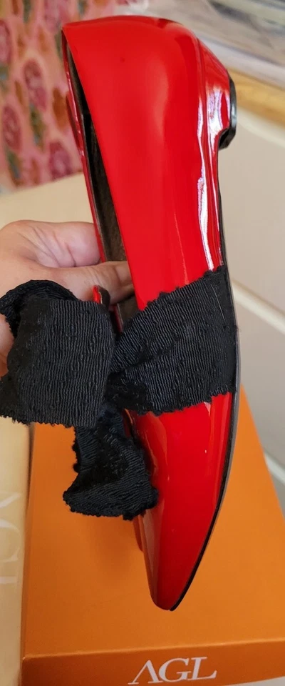 AGL Zapatos de charol rojo para dama 40 lazo negro, atrevidos, hechos en Italia Foto 4 de 4