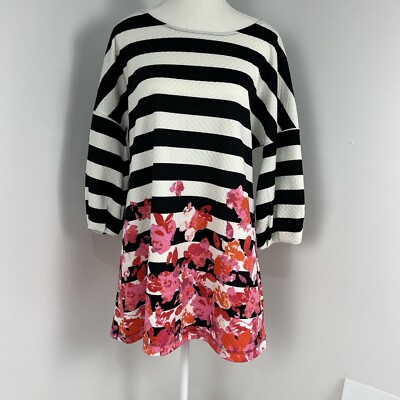 Anthropologie Postmark Top Blouse Tunic Women Large Striped Floral 3/4 Sleeve
