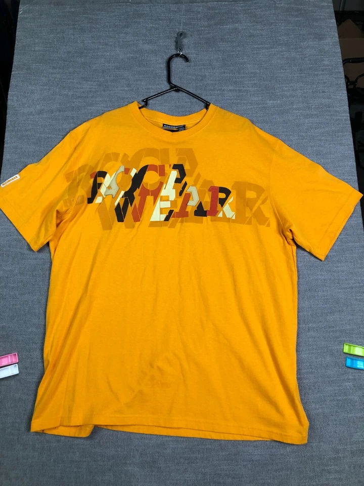 Camiseta De Colección Rocawear Para Hombres 2XL Amarilla Gráfica Multi Logo Estampado Y2K Hip Hop Foto 2 de 4