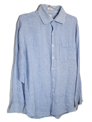 Peter Millar Button Up Long Sleeve Shirt Men Blue/Wht. 100% Linen Size 16.5 Long