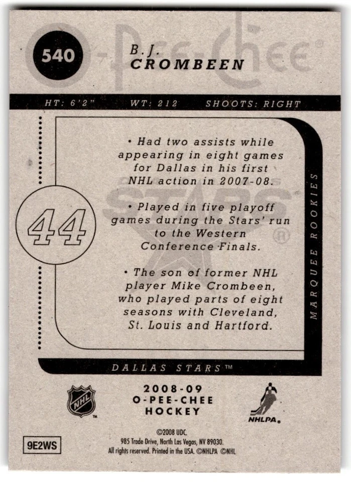 2008-09 O-Pee-Chee B.J. Crombeen Rookie #540 Dallas Stars - Image 2 of 2