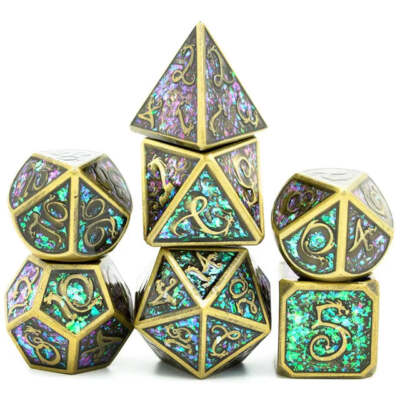 Metal Copper and Green Ancient Cloud Dragon 7-Dice Set