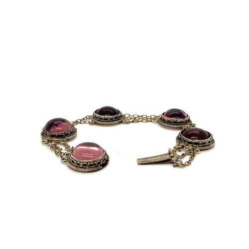 Bracciale Vintage Sterling Art Deco Rotondo Pietra Ametista Doppia Catena Maglia 6 1/2 - Foto 2 di 6