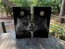 WATERPROOF FADEPROOF Cornhole Board Wraps / - Gray Cat on Black Background