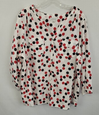Avenue V-neck Button Up Black Red Polka Dots Blouse 3/4 Roll Tab Sleeve Sz 18/20