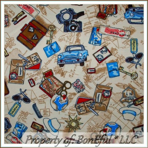 BonEful Fabric FQ Cotton Quilt Flannel VTG World Travel Route 66 Car Camera Map - Picture 9 of 11