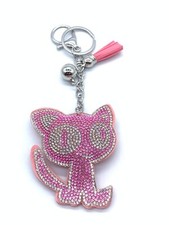 Bling Pink Cat Shape Keychain Glitter Silver Tassel Chain Kitty Bag Accessory