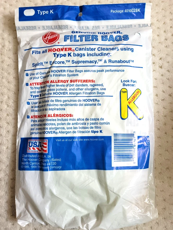 De colección NOS Hoover 3 PACK Tipo K Spirit Bote Aspiradora Bolsas Foto 2 de 3