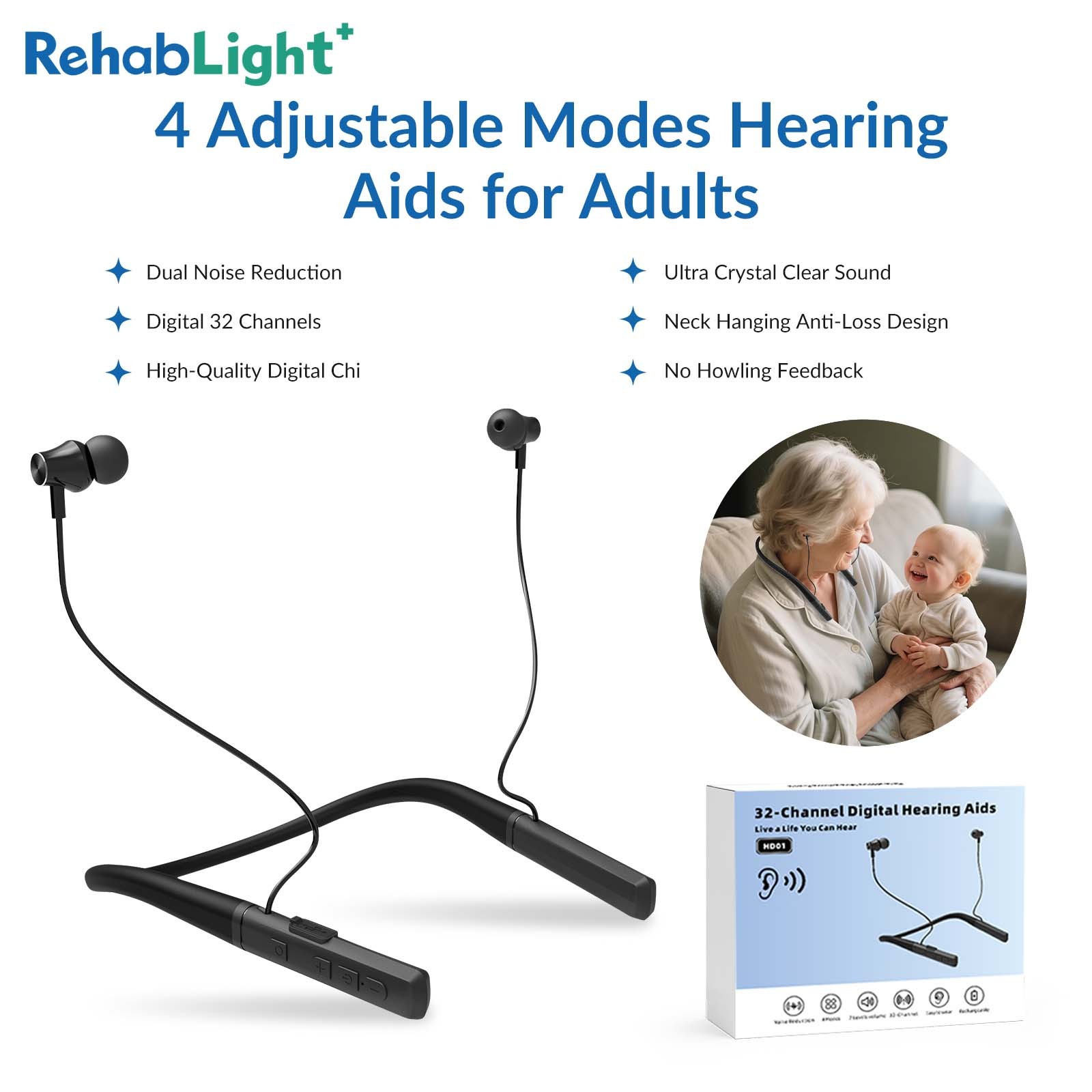 Rechargeable Hearing Amplifier Neckband for Adult Conversation Device 35 Hours