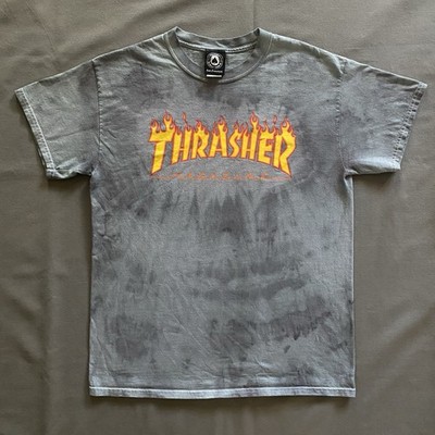 Thrasher Magazine T Shirt Mens Medium Gray Green Tie Dye Flame Logo Skate Grunge