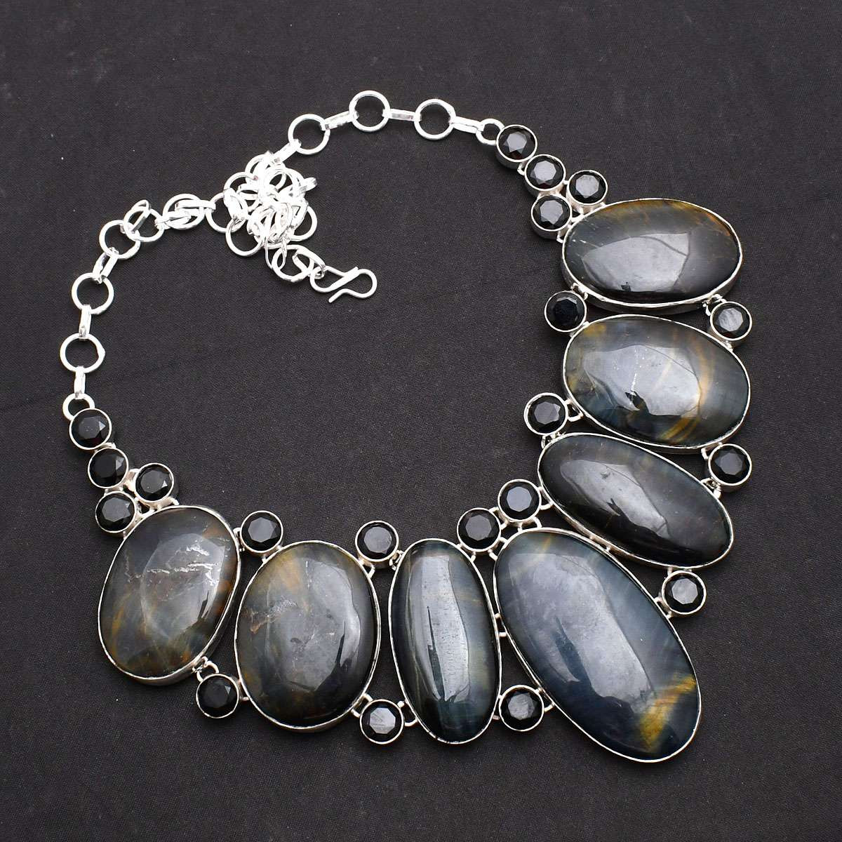 Tiger Eye Black Onyx Gemstone Handmade Big Necklace Jewelry 109 Gms LBN-4494