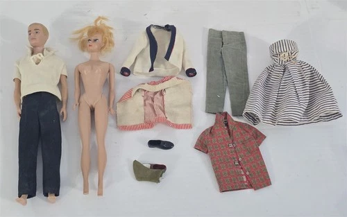 X-979 VINTAGE 1960'S MATTEL BLONDE PONY TAIL BARBIE & BLONDE KEN WITH CLOTHES