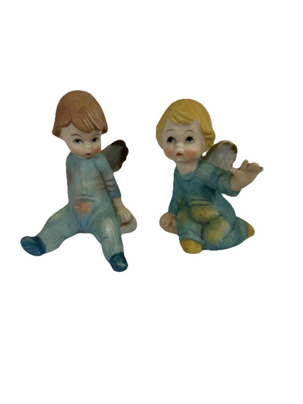 Vintage Bisque Angel Cherub Pair Japan 1950s Blue Yellow Kitsch Nursery Decor
