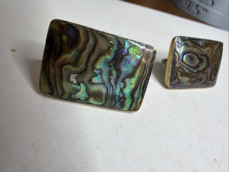 Vintage Mexican Alpaca Brass Abalone Shell Rectangular Pierced Stud Earrings C20