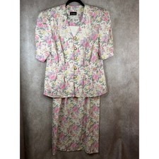 VTG 80/90s Jenny Skirt Set Womens 16 Multicolor Floral Lace Collar 2pc Made USA