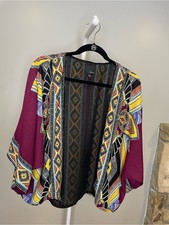 Greylin Burgundy Aztec-Print Open Front Kimono Jacket Boho - Large