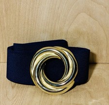 Vintage Navy Stretch Belt With Large Heavy Gold Buckle Statement Glam Old Money