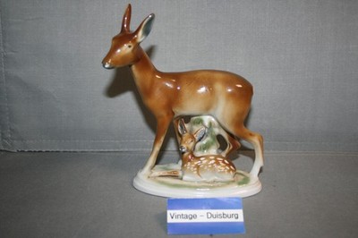 ältere Porzellanfigur Reh mit Kitz Fasold und Strauch Höhe ca.16,5cm