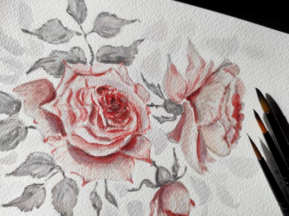 Original Artwork Painting Landscape Flowers RED ROSES Arts Floral Signed Gift A5 - image 2 of 4