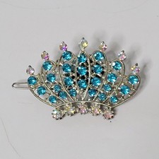 Blue Rhinestone Crystal Crown Hair Clip Silver Tone Princess