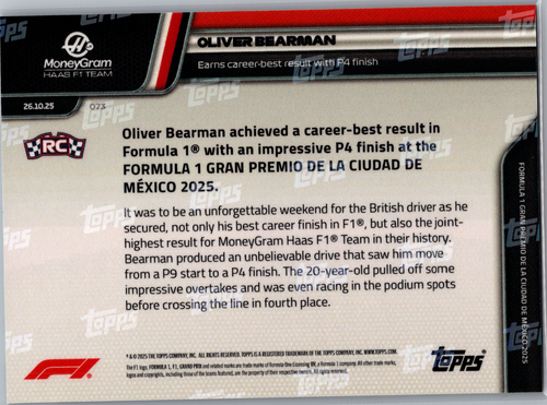Oliver Bearman 2025 F1 Topps Now gana su carrera - Mejor resultado con acabado P4 radiocontrol - Imagen 2 de 2