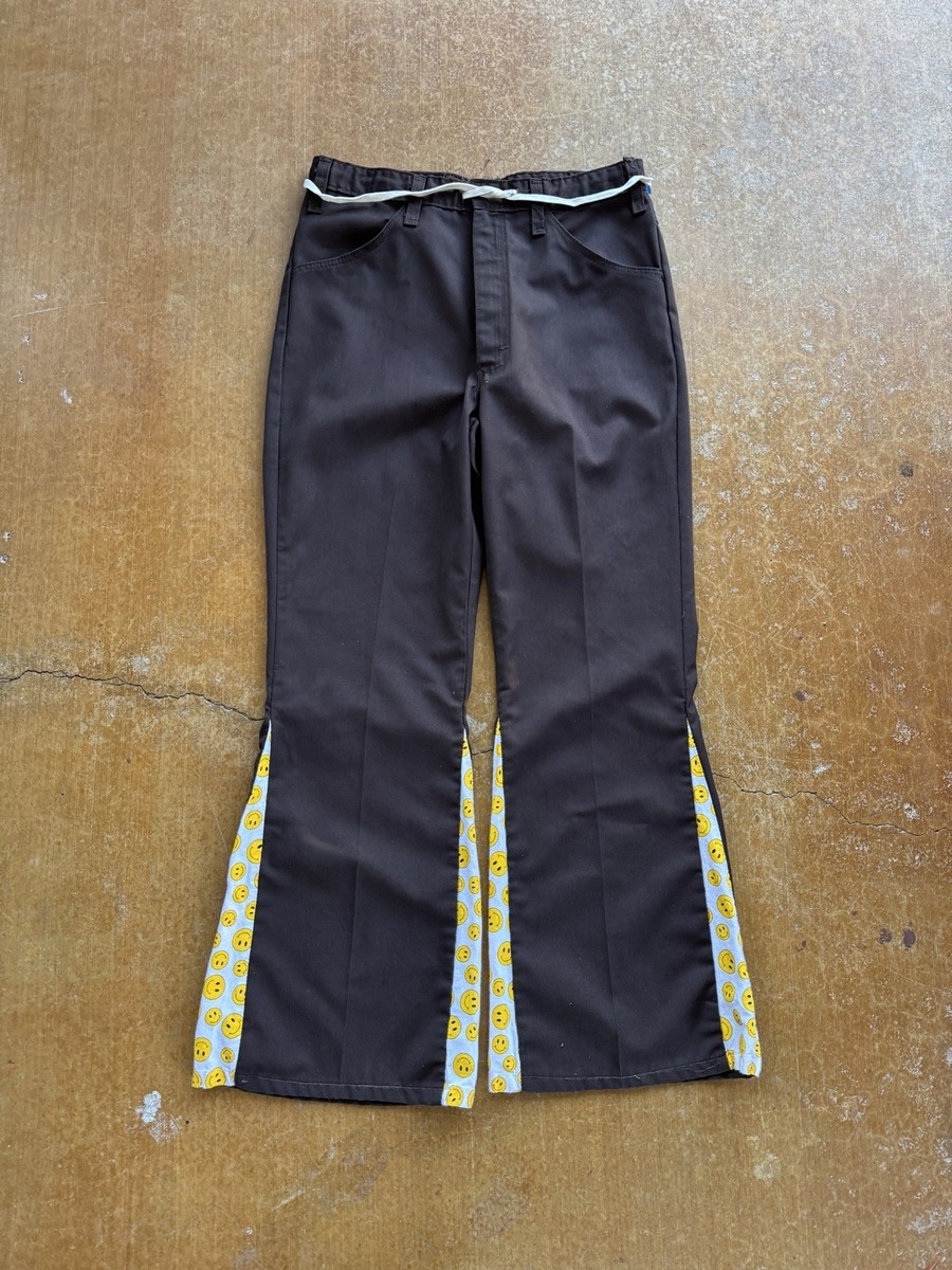 VTG 70s Dickies Brown Hippie Modified Flared Happy Faces Work 