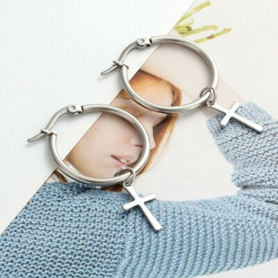 Titanium Steel Christian Jesus Christ Cross Catholic Crucifix Hoop