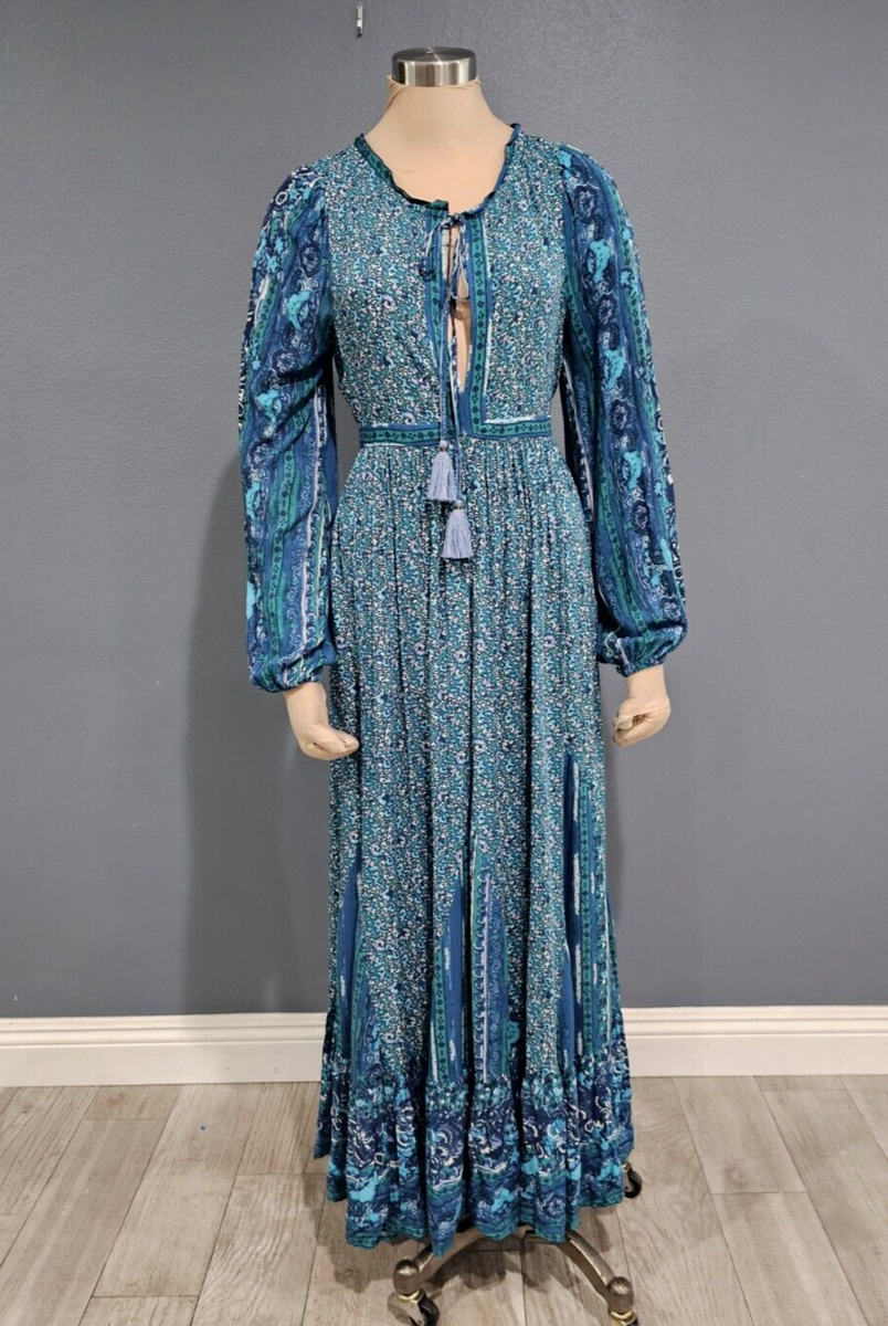 FREE PEOPLE Blue Green Boho Ruffled Hem Maxi Dress XS | eBay