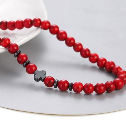 Men Natural Wood Stone Beaded Necklace Fashion Cross Jewelry Gift 22'' - Foto 16 di 28