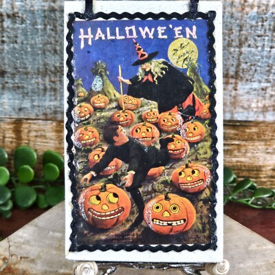 VTG Halloween Witch Pumpkin Patch Cat Scared Kid Wood Card Ornament Mica Shimmer