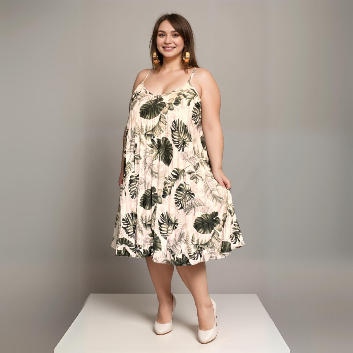 VESTIDO MUJER ROCKTHOSECURVES PLISADO LÍNEA CON TIRAS ESTAMPADO DE HOJAS TALLA GRANDE