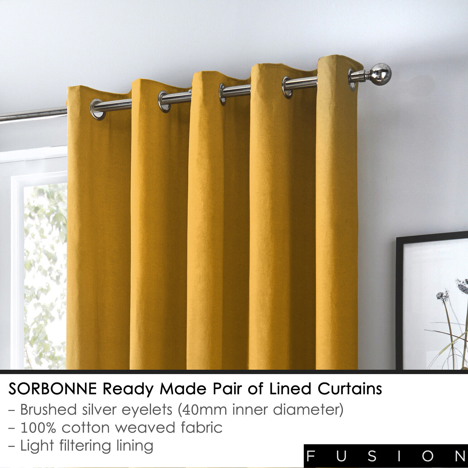 Eyelet Curtains or Cushions Ochre Mustard Yellow 100% Cotton Fusion Sorbonne - Picture 6 of 30