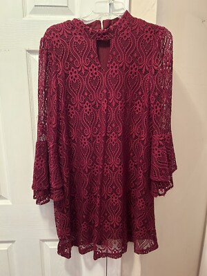eci lace dress eci New York Women's Bell Sleeve Burgundy Lined Lace Keyhole Dress Size M  Cute!