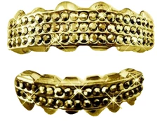 Custom Fit Hip Hop Iced CZ 14K Gold Plated Teeth Grillz with Gold Stones Limited