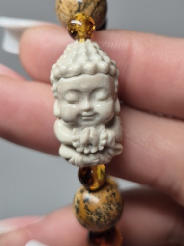 Natural Picture Jasper & Baltic Amber With Hand Carved Alashan Agate Bracelet - Picture 5 of 17