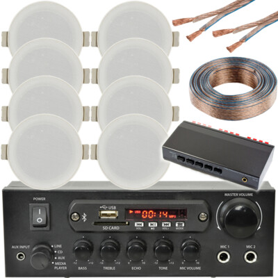 Bluetooth Decken Musik Set 4 Zonen Stereo Verstärker & 8x Low Profile HiFi Lautsprecher