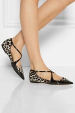 Jimmy Choo Gamble Crisscross Pointed Flat with Leopard-Print Calf Hair Sz 37.5