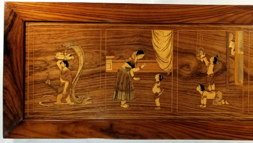 Very Fine India Indian Hindu Inlay Marquetry life of Shiva Wood Panel 20th c. - Picture 2 of 24