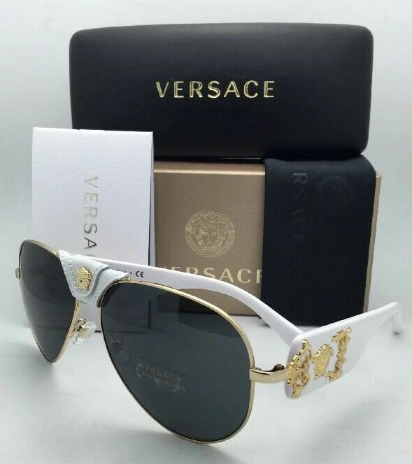 New VERSACE Sunglasses VE 2150 Q 1341 87 Gold White Aviator Frames Grey Lenses