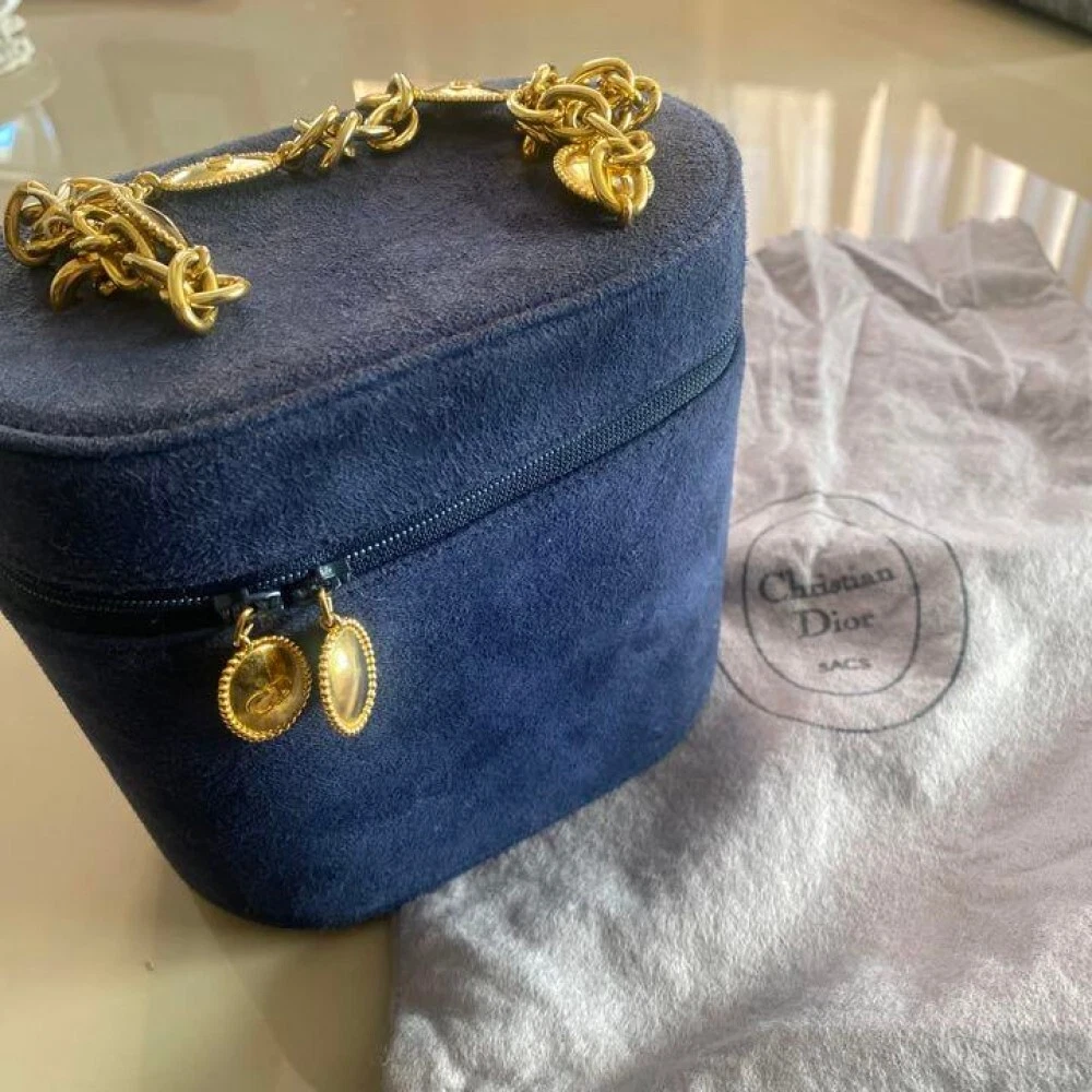 Christian Dior sac à main fourre tout chaîne daim logo CD bleu vintage authentique