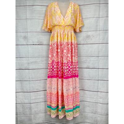 House of Harlow Yellow Pink Floral Metallic Button Front Maxi Dress Size M  | eBay