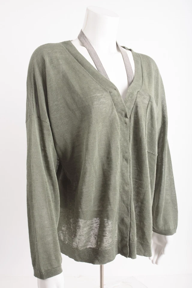 Brunello Cucinelli Mujer Cárdigan Verde Suéter Cuello Adornado M Lino Nuevo con Etiquetas Foto 2 de 4